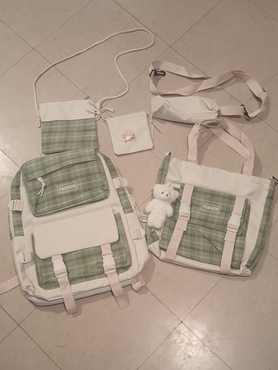 Handbags - Green Plaid Backpack & Tote Set - Fashion Patch Teddy Bear Keychain Accessories